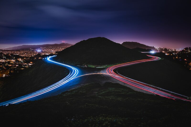 Light Trails on Winding Road — Blue
