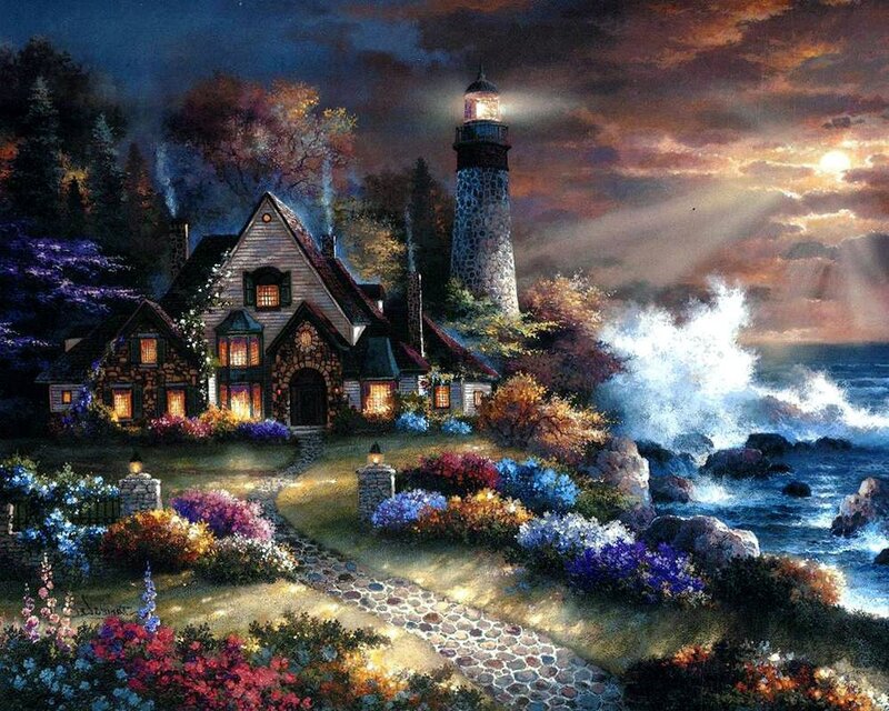Lighthouse and Cottage — Blue, Dramatic, Night