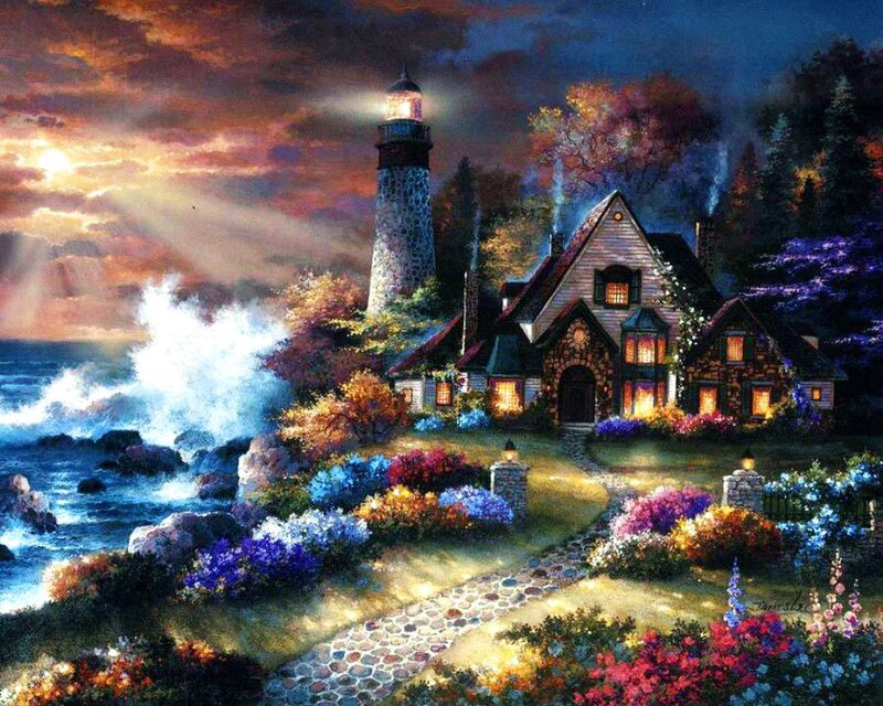 Lighthouse and Cottage — Blue, Dramatic, Sunset