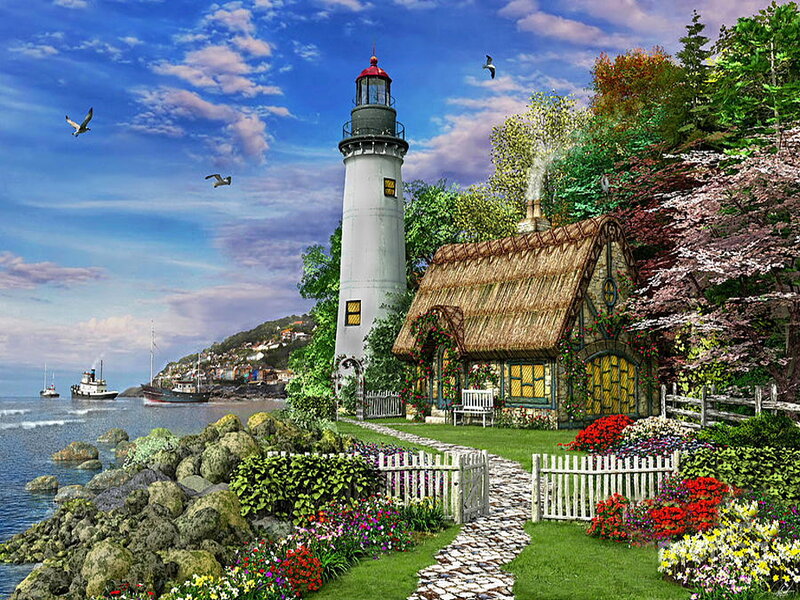 Lighthouse and Cottage — Blue, Serene, Afternoon, Digital Art, Seagulls, Boat