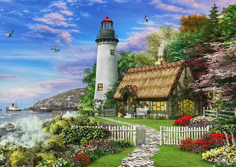 Lighthouse and Cottage — Blue, Serene, Afternoon, Digital Art, Seagulls, Flowers