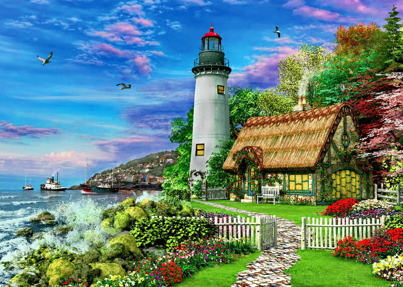 Lighthouse and Cottage — Blue, Serene, Afternoon, Digital Art