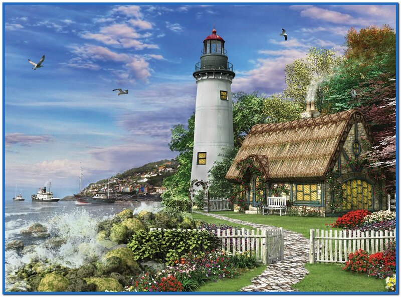 Lighthouse and Cottage — Blue, Serene, Afternoon, Illustration
