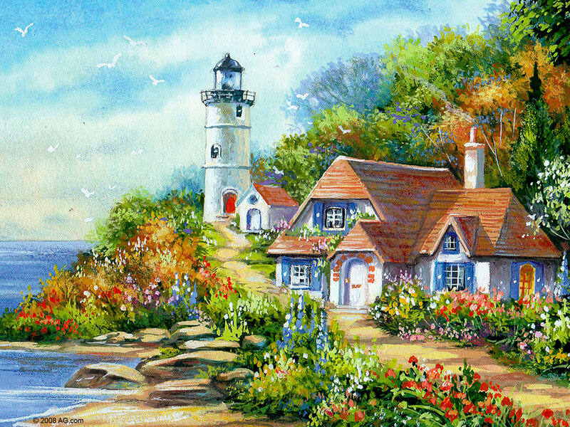 Lighthouse and Cottage — Blue, Serene, Afternoon, Painting, Flowers