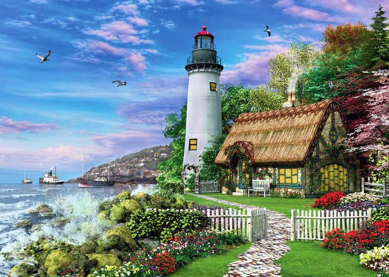 Lighthouse and Cottage — Blue, Serene, Afternoon