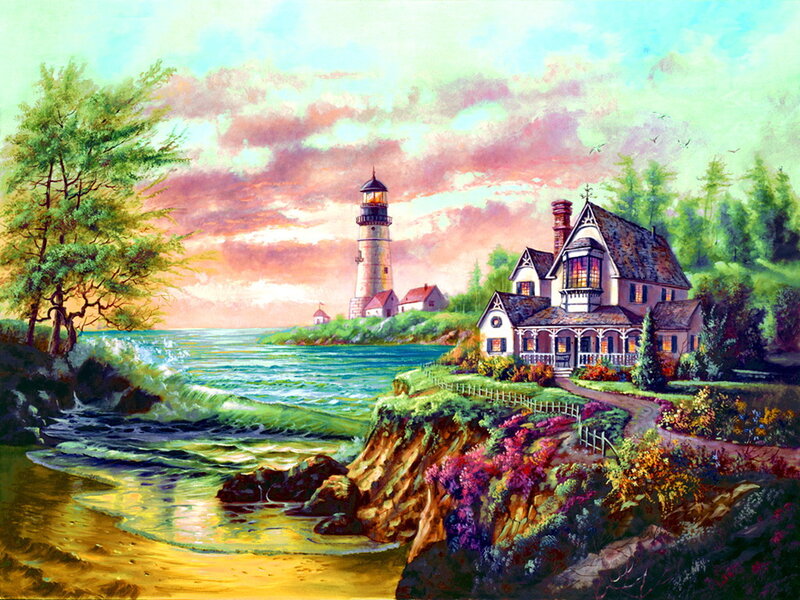 Lighthouse and Cottage — Blue, Serene, Sunset, Painting