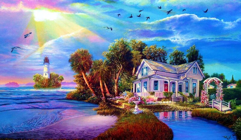 Lighthouse and Cottage — Blue, Serene, Sunset