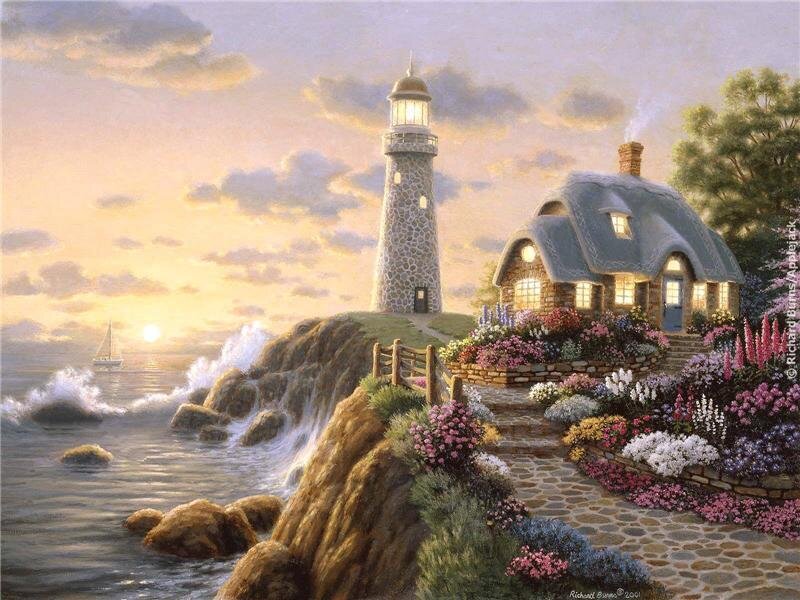 Lighthouse and Cottage — Blue