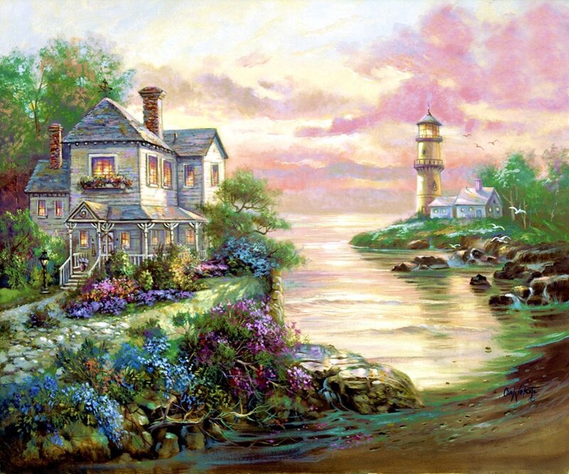 Lighthouse and Cottage — Pink