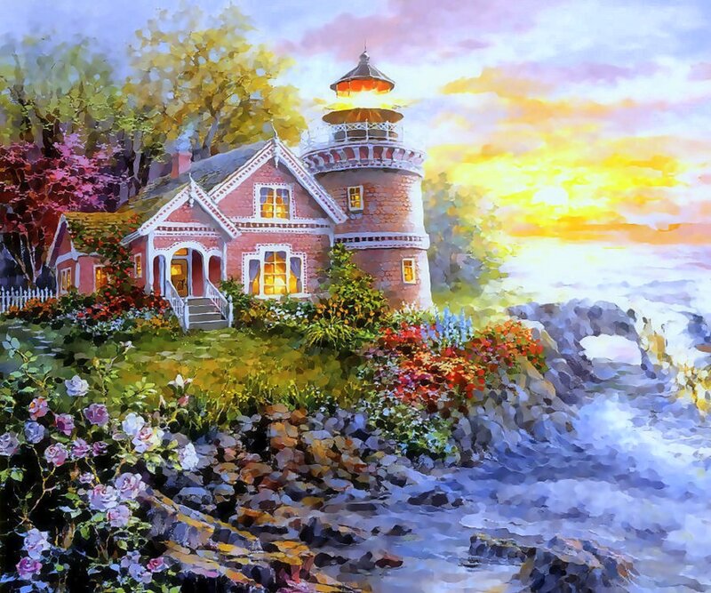 Lighthouse and Cottage — Yellow, Serene