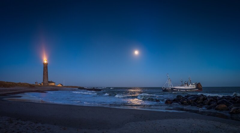 Lighthouse and Fishing Boat — Blue
