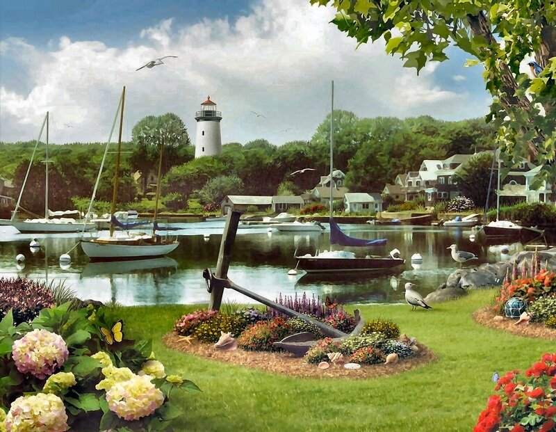 Lighthouse and Harbor Scene