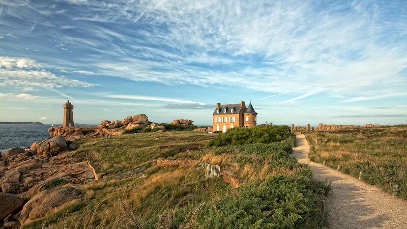 Lighthouse and House on Coast — Blue, Serene