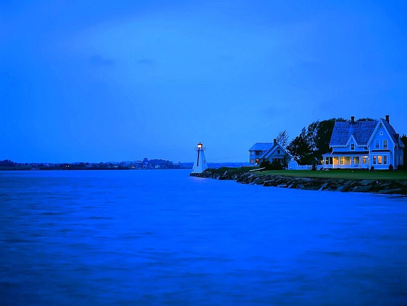 Lighthouse and Houses — Blue, Serene, Night