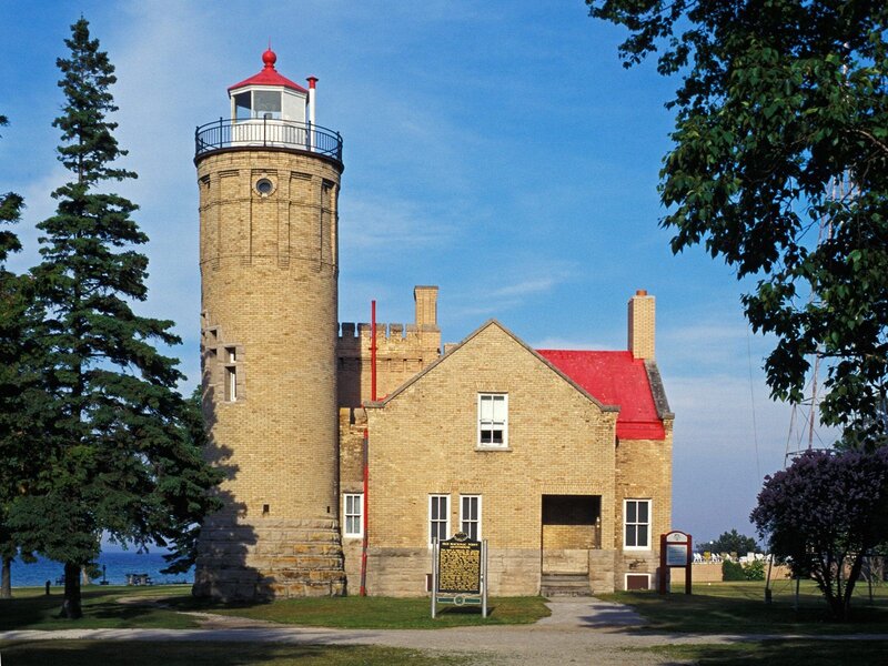 Lighthouse and Keeper's House — Blue, Serene, Afternoon, Photograph, Trees, Lake