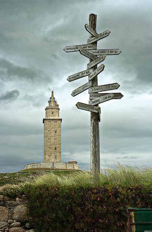 Lighthouse and signpost in Galicia