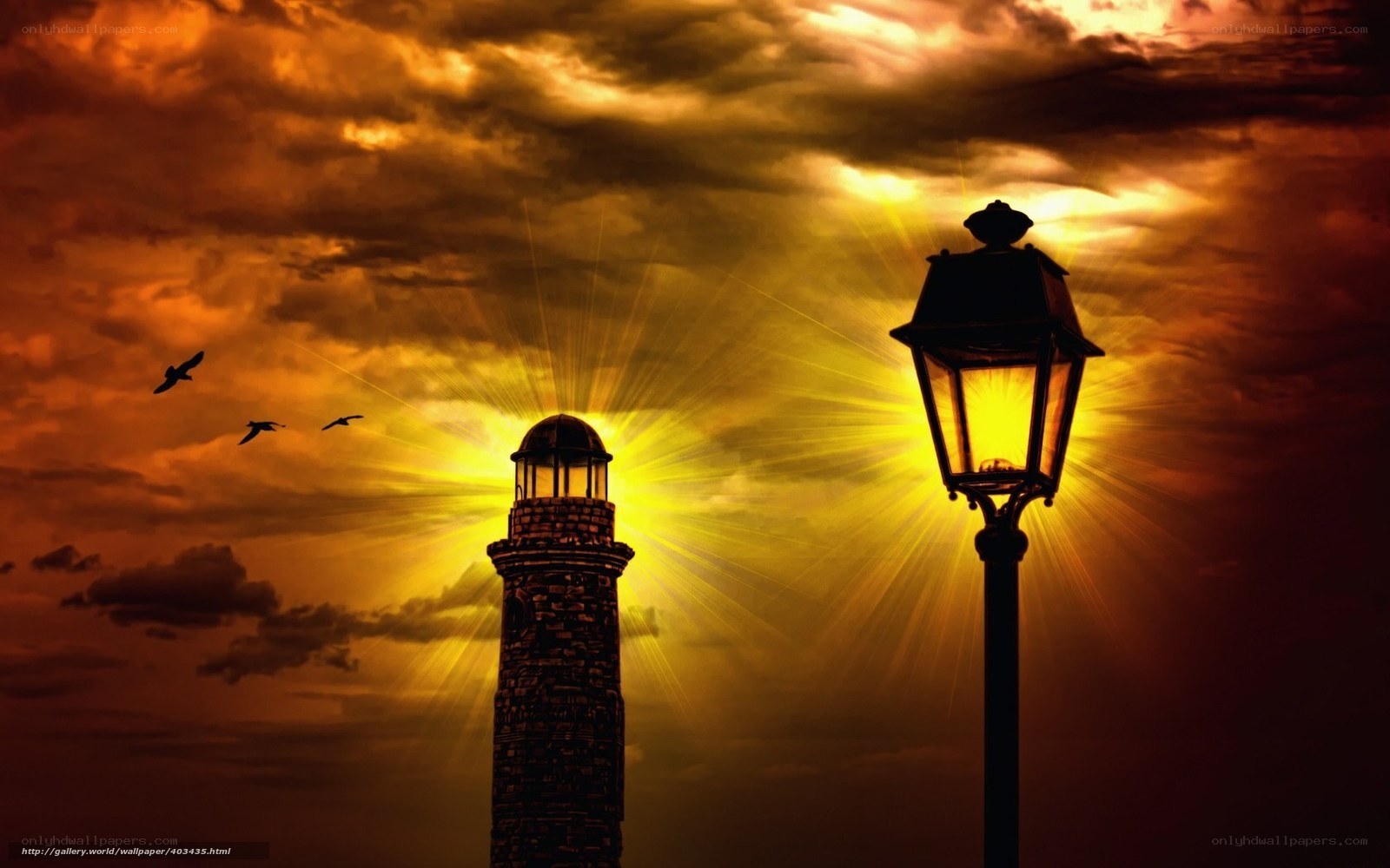Lighthouse and streetlamp at sunset
