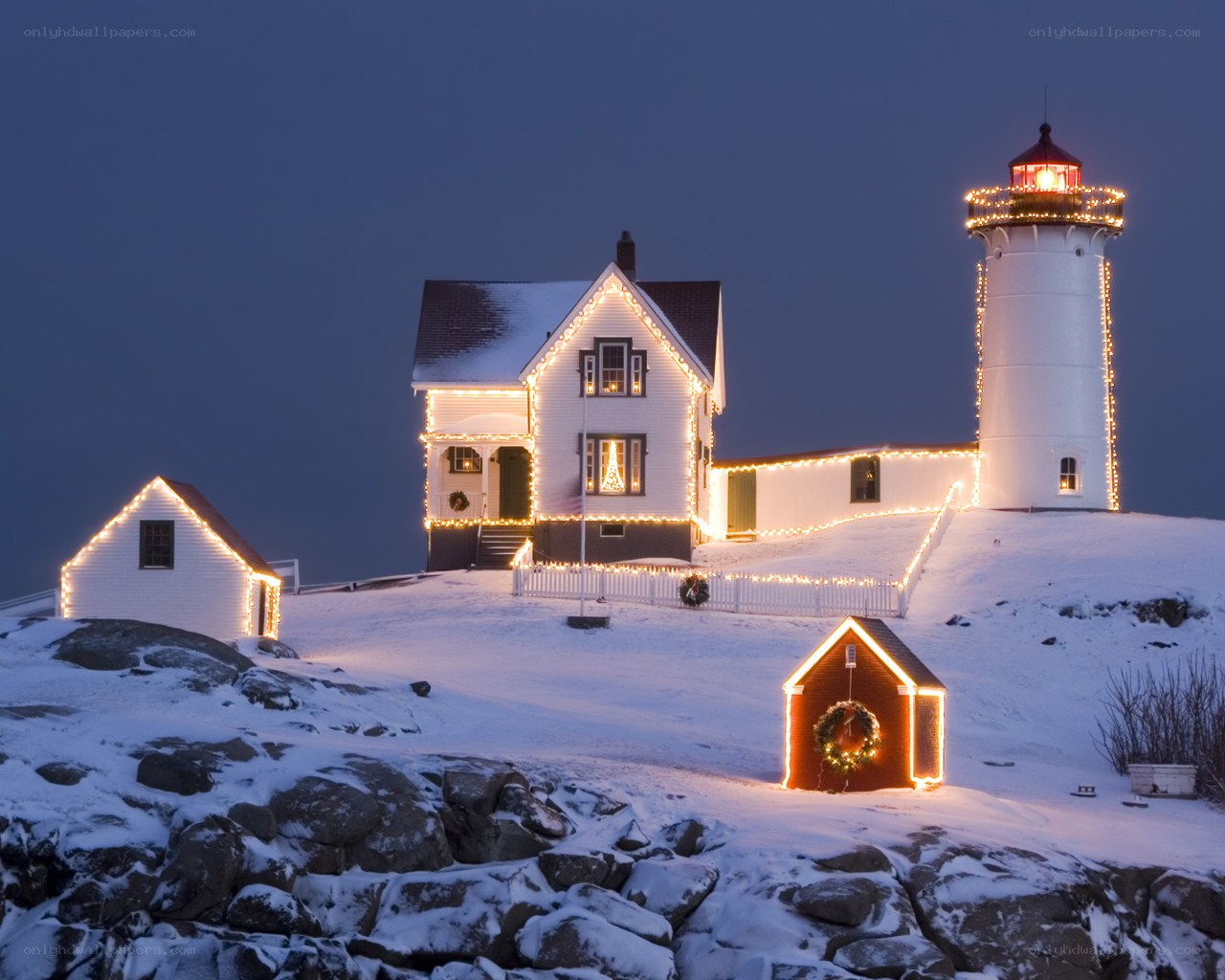 Lighthouse at Christmas in winter