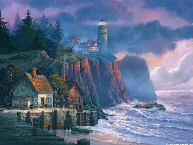 Lighthouse at coastal village