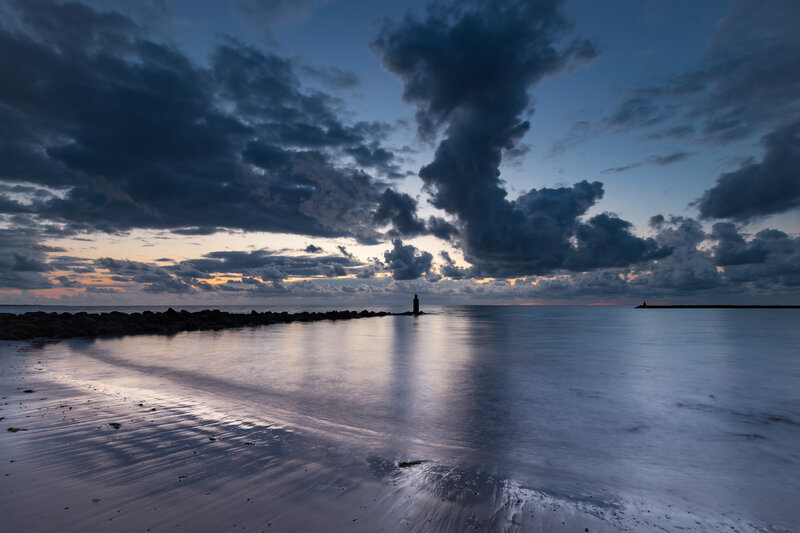 Lighthouse at Dusk — Blue, Dramatic, Sunset, Photograph