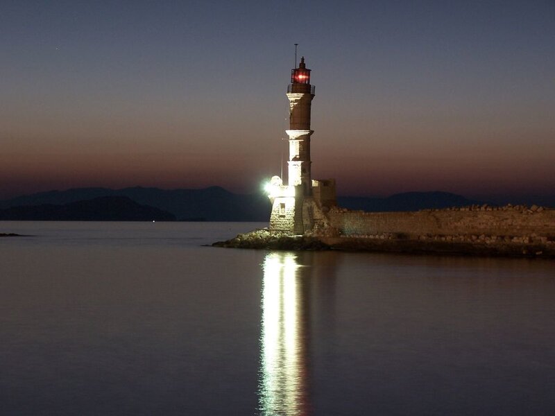 Lighthouse at Dusk — Blue, Serene, Night, Photograph, Sea, Mountains
