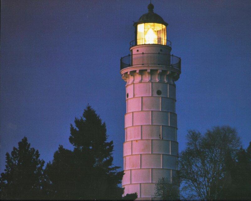 Lighthouse at Dusk — Blue, Serene, Night, Photograph, Trees
