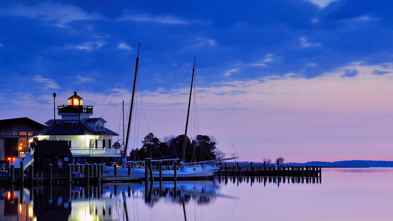Lighthouse at Dusk — Blue, Serene, Photograph