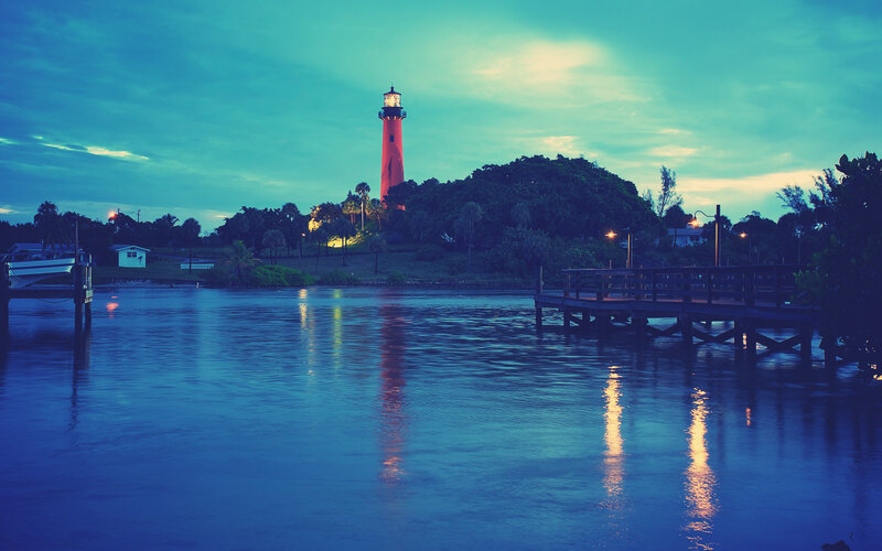 Lighthouse at Dusk — Blue, Serene, Sunset, Photograph, Dock