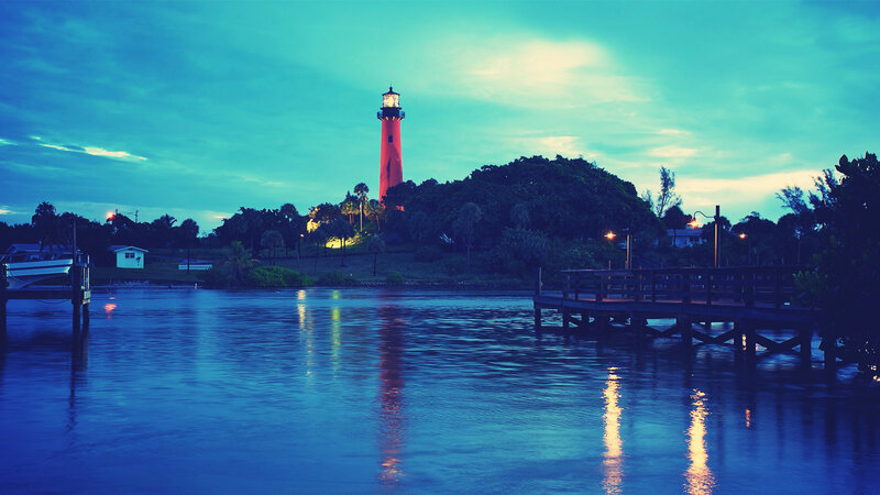 Lighthouse at Dusk — Blue, Serene, Sunset, Photograph, Dock, Trees