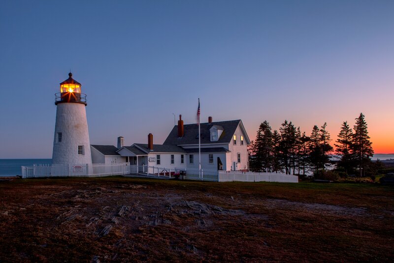 Lighthouse at Dusk — Blue, Serene, Sunset, Photograph, House, Flagpole