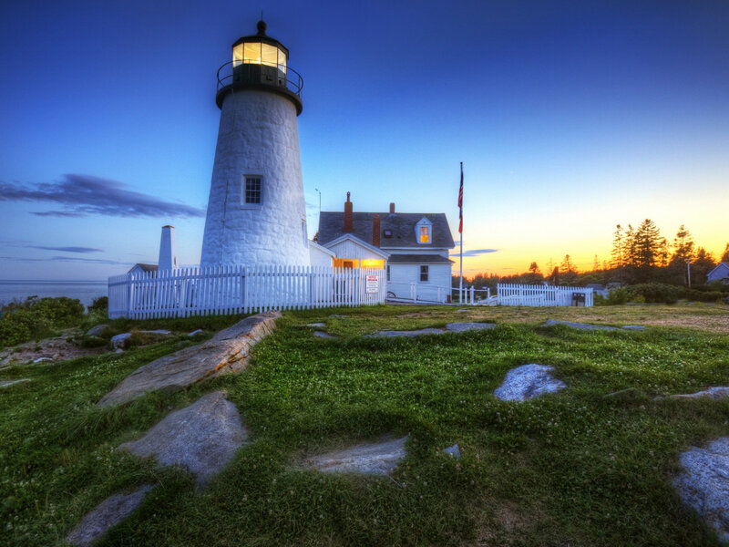 Lighthouse at Dusk — Blue, Serene, Sunset, Photograph, House