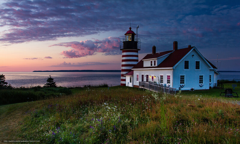 Lighthouse at Dusk — Blue, Serene, Sunset, Photograph, Ocean, Sky, Grass