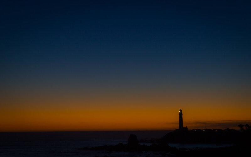 Lighthouse at Dusk — Blue, Serene, Sunset, Photograph