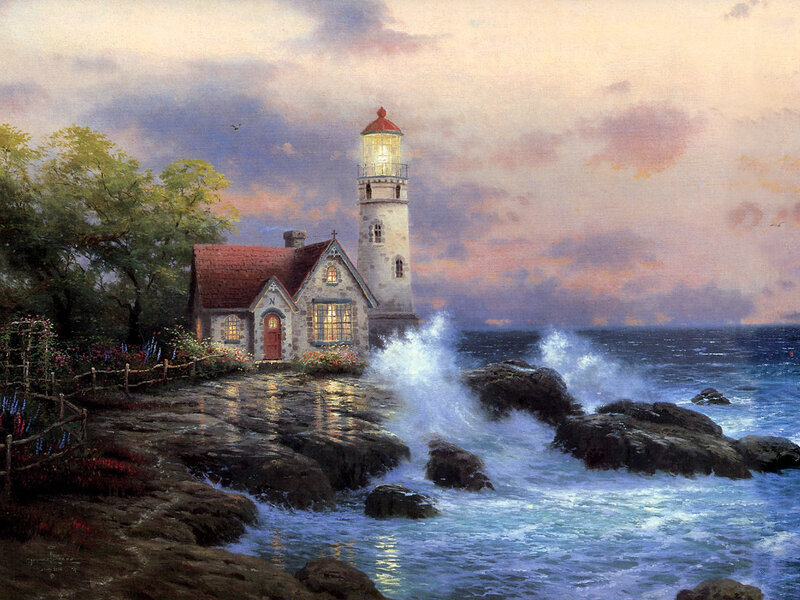 Lighthouse at dusk by the sea