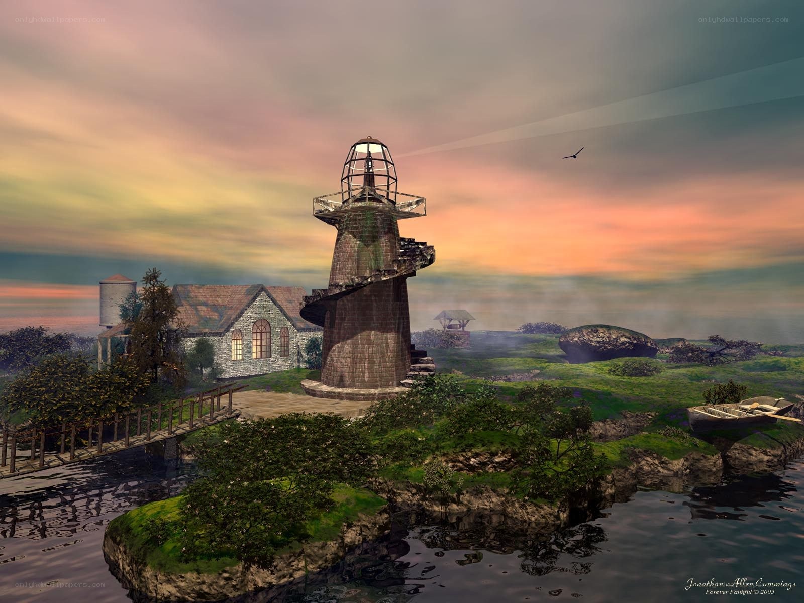 Lighthouse at dusk on a small island