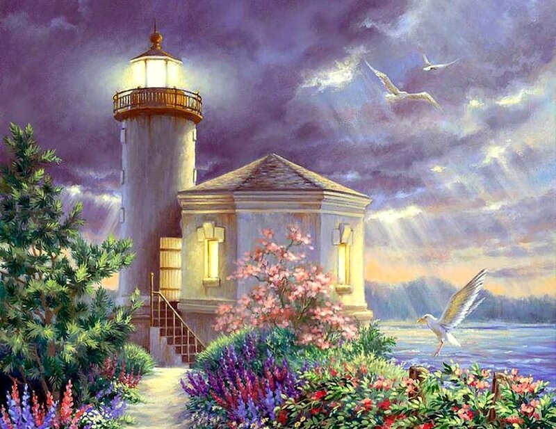 Lighthouse at Dusk — Purple, Dramatic, Sunset, Painting