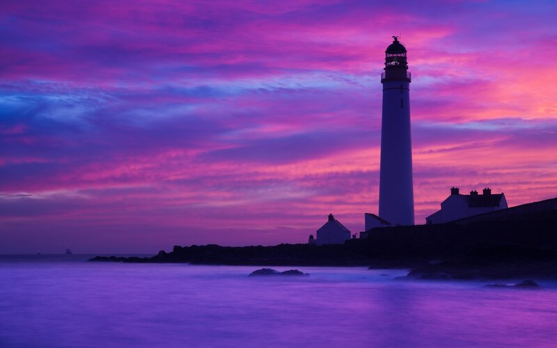 Lighthouse at Dusk — Purple, Dramatic, Sunset, Photograph