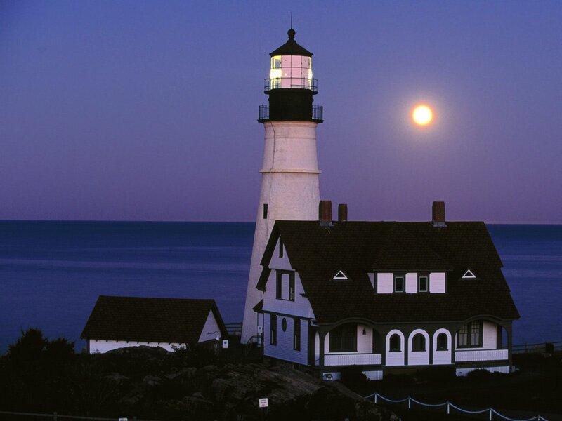 Lighthouse at Dusk — Purple, Serene, Night, Photograph
