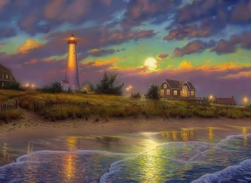 Lighthouse at Dusk — Purple, Serene, Sunset, Painting