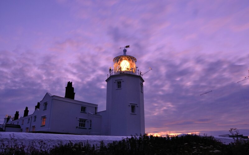 Lighthouse at Dusk — Purple, Serene, Sunset, Photograph, Building