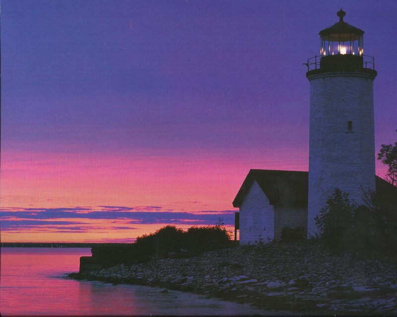 Lighthouse at Dusk — Purple, Serene, Sunset, Photograph