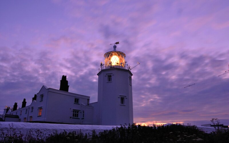 Lighthouse at Dusk — Purple, Serene, Sunset