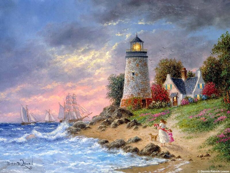 Lighthouse at dusk with sailboats