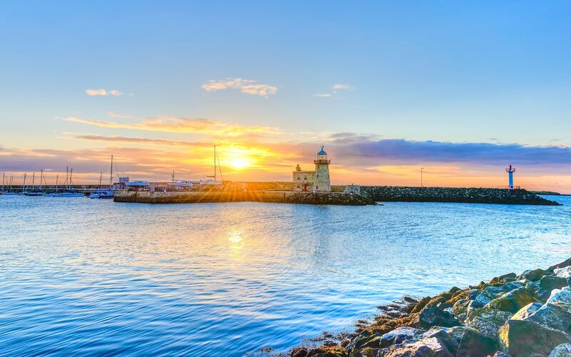 Lighthouse at Harbor Entrance — Blue, Serene