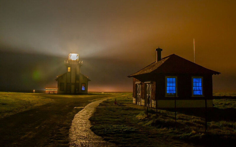 Lighthouse at Night — Black, Dramatic, Photograph, Building