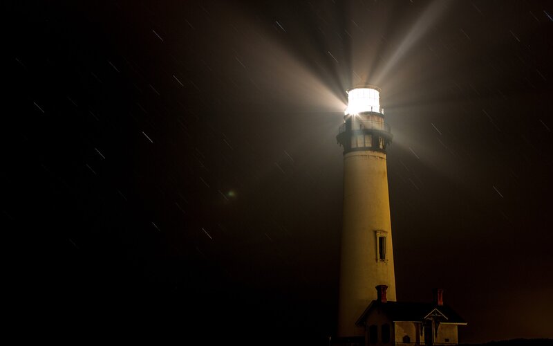 Lighthouse at Night — Black, Dramatic, Photograph, Light Beam