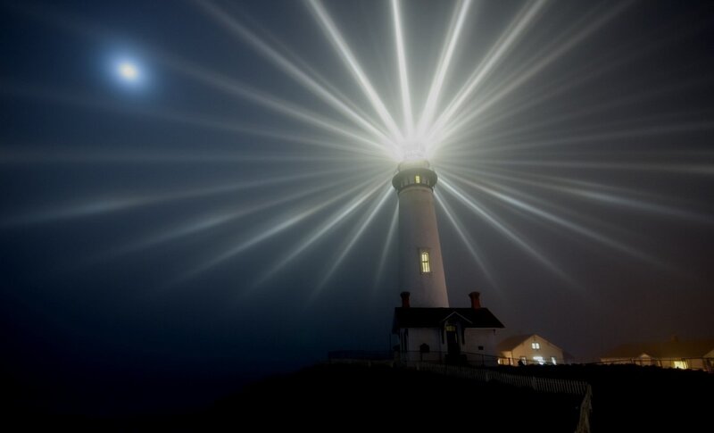 Lighthouse at Night — Black, Dramatic, Photograph, Moon
