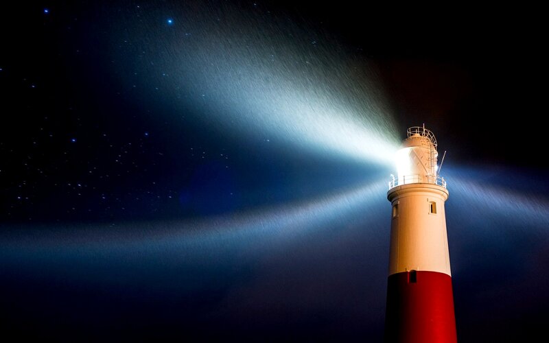 Lighthouse at Night — Black, Dramatic, Photograph, Starry Sky