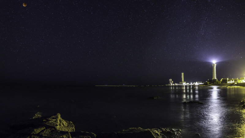 Lighthouse at Night — Black, Serene, Photograph