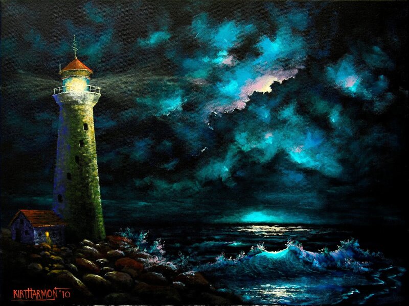 Lighthouse at Night — Blue, Dramatic, Painting